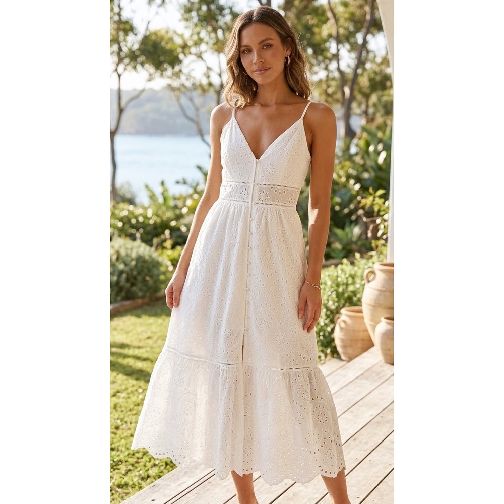 EillyBazar White Eyelet Lace Button Front Midi Dress Sleeveless Boho L